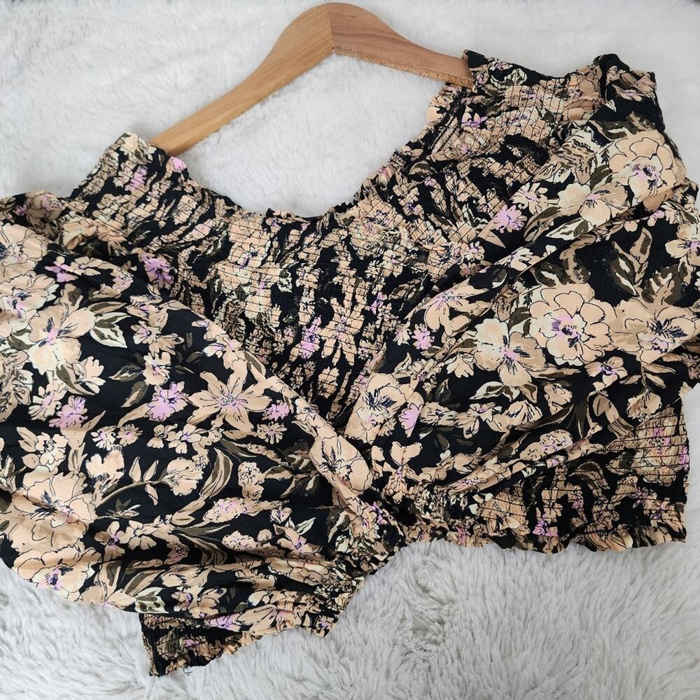 Free People East To West Smocked Off Shoulder Top Black Gold Floral Blouse M FP - Picture 8 of 14